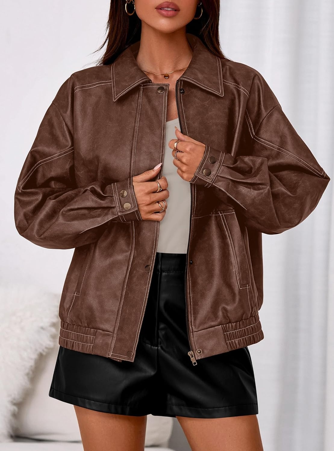 image:imagePRETTYGARDEN Womens Oversized Faux Leather Jacket Fall Winter OutfitsLight Brown