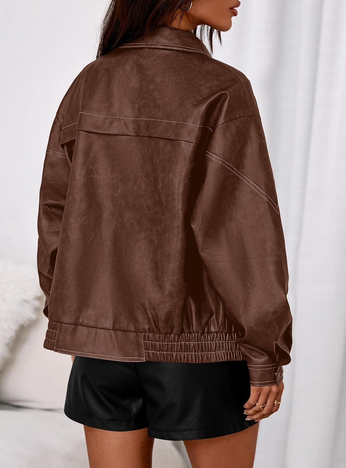 image:imagePRETTYGARDEN Womens Oversized Faux Leather Jacket Fall Winter OutfitsLight Brown