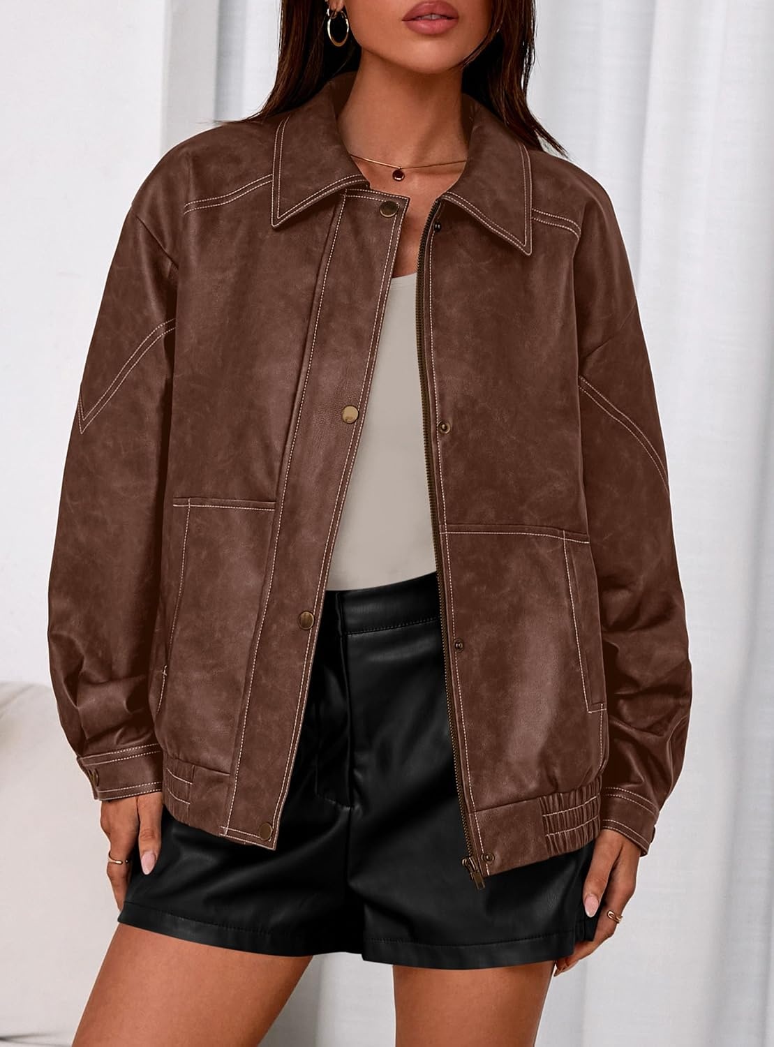 image:imagePRETTYGARDEN Womens Oversized Faux Leather Jacket Fall Winter OutfitsLight Brown