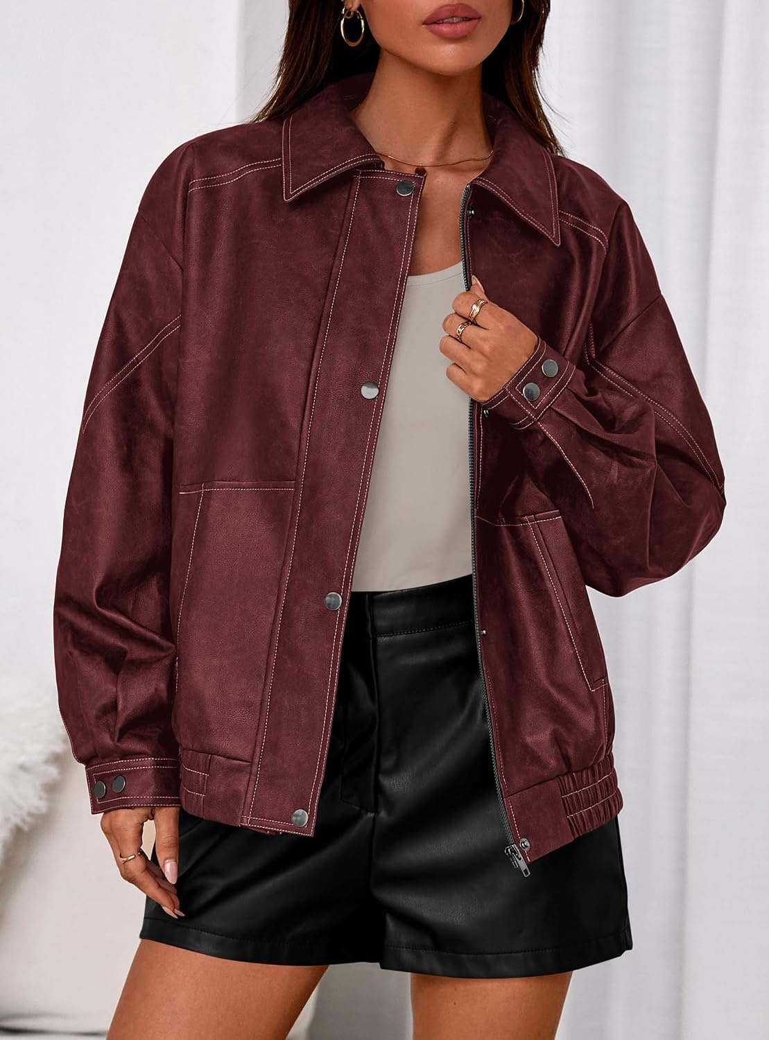 image:imagePRETTYGARDEN Womens Oversized Faux Leather Jacket Fall Winter OutfitsWine Red