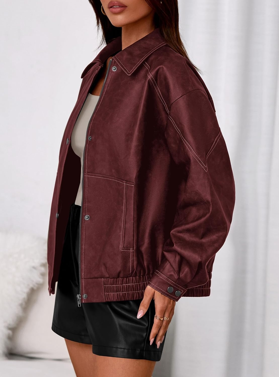 image:imagePRETTYGARDEN Womens Oversized Faux Leather Jacket Fall Winter OutfitsWine Red