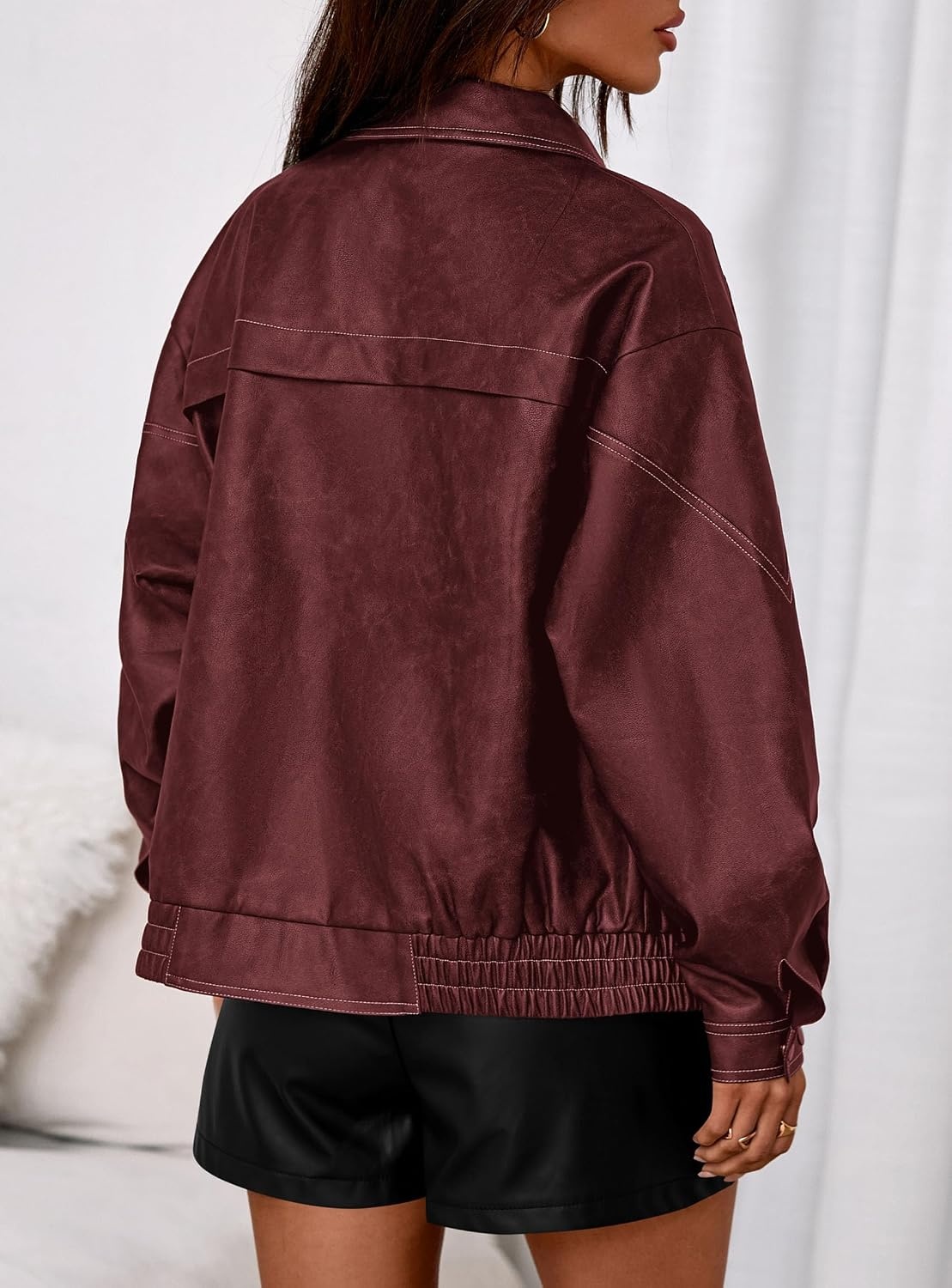 image:imagePRETTYGARDEN Womens Oversized Faux Leather Jacket Fall Winter OutfitsWine Red
