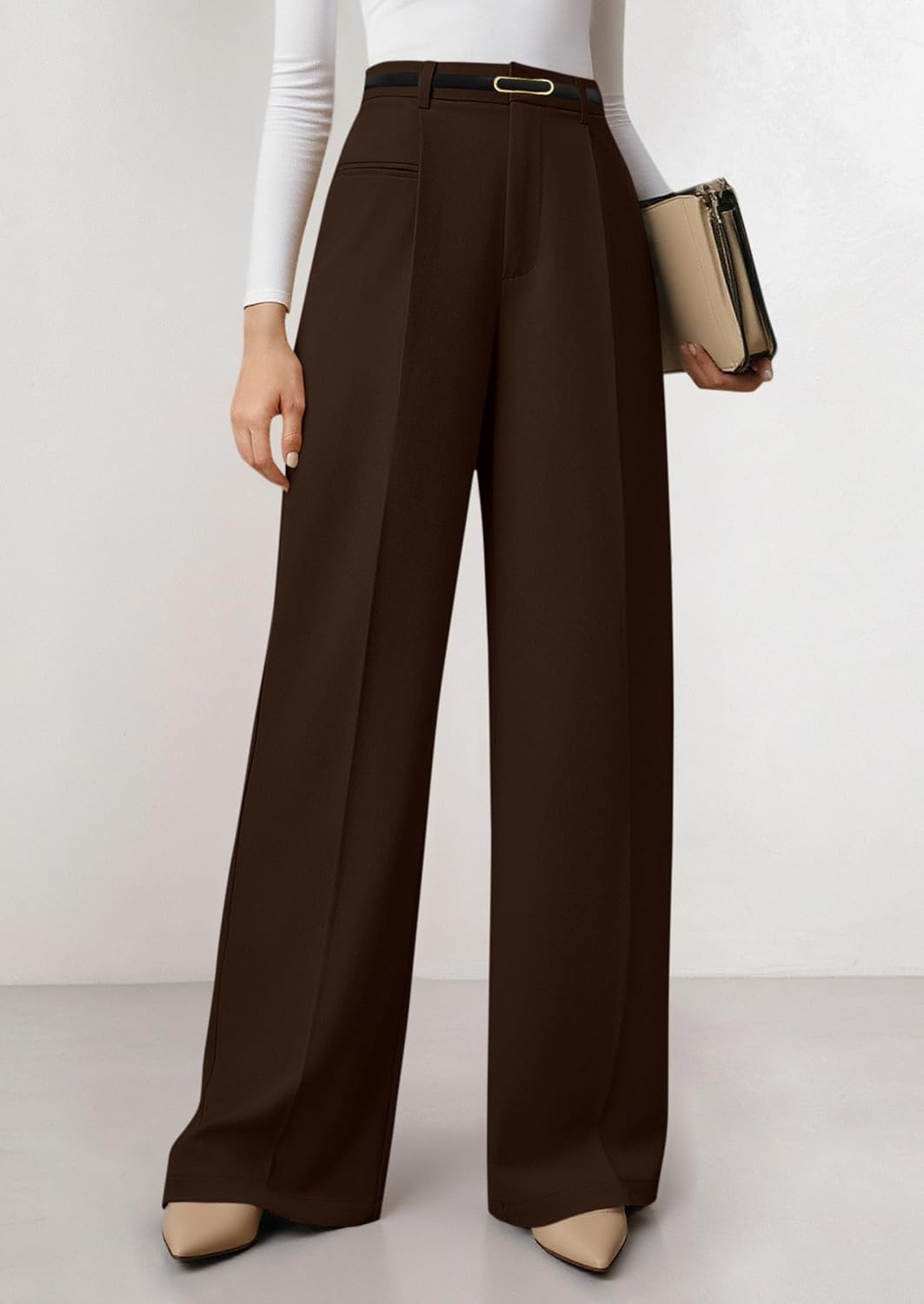 image:imagePRETTYGARDEN Womens Tailored Wide Leg Work Dress PantsDark Brown