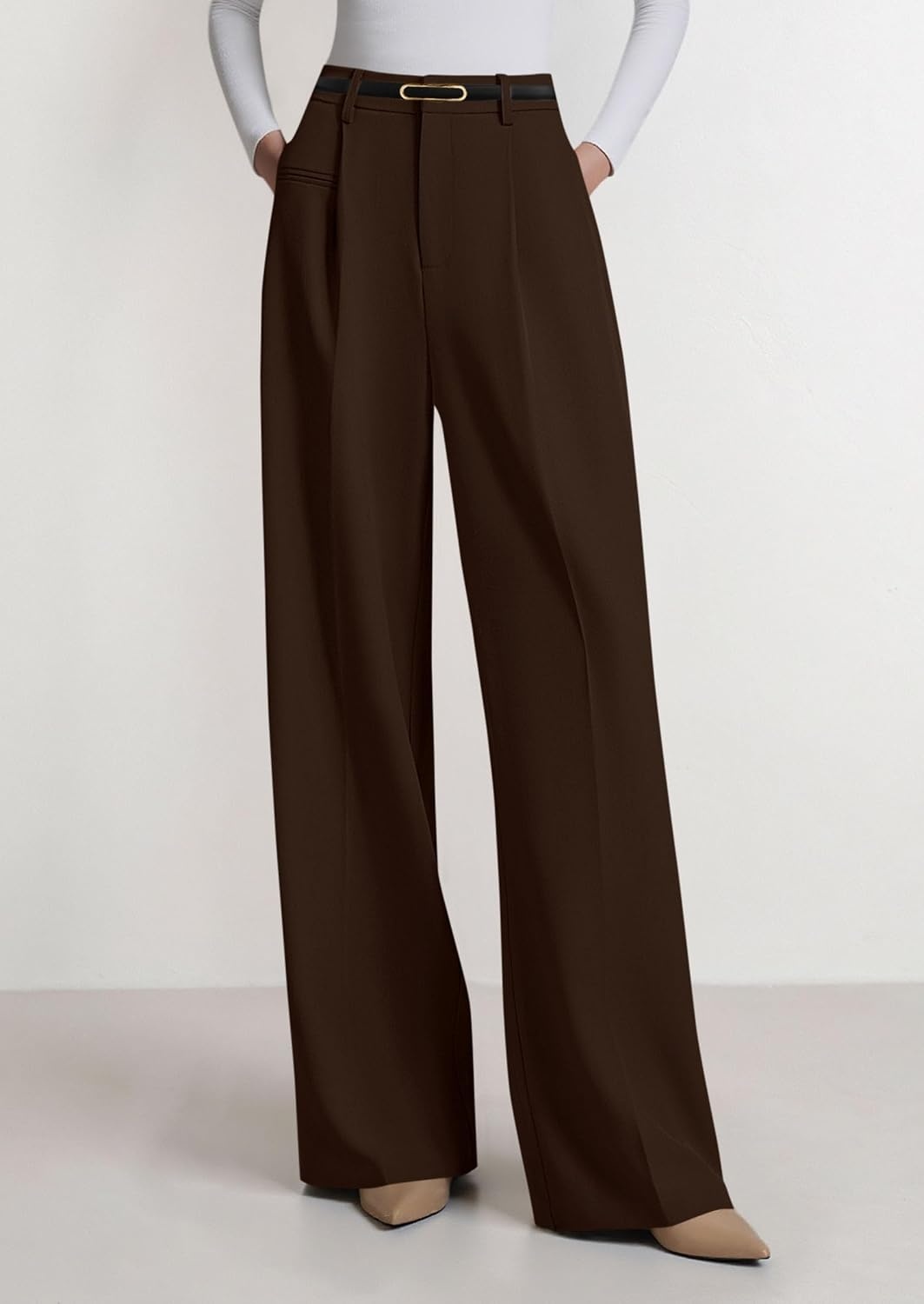 image:imagePRETTYGARDEN Womens Tailored Wide Leg Work Dress PantsDark Brown
