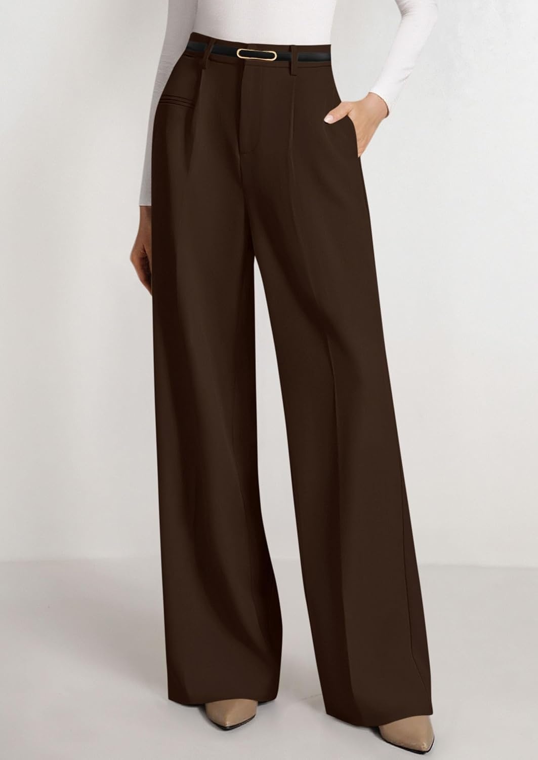 image:imagePRETTYGARDEN Womens Tailored Wide Leg Work Dress PantsDark Brown
