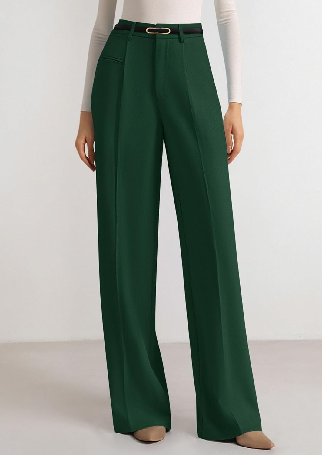 image:imagePRETTYGARDEN Womens Tailored Wide Leg Work Dress PantsDark Green