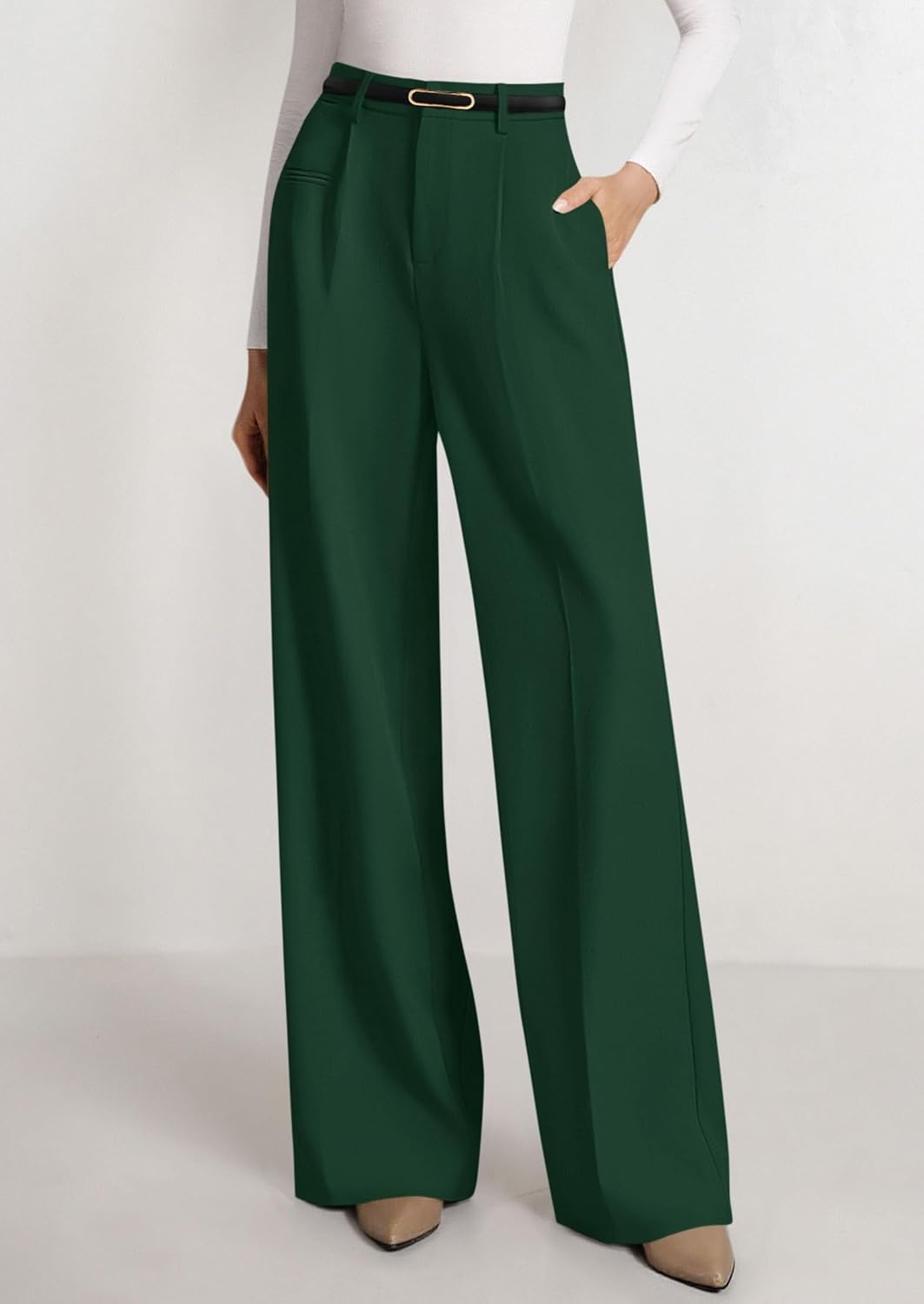image:imagePRETTYGARDEN Womens Tailored Wide Leg Work Dress PantsDark Green