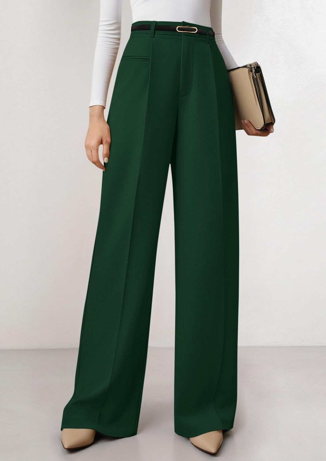 image:imagePRETTYGARDEN Womens Tailored Wide Leg Work Dress PantsDark Green