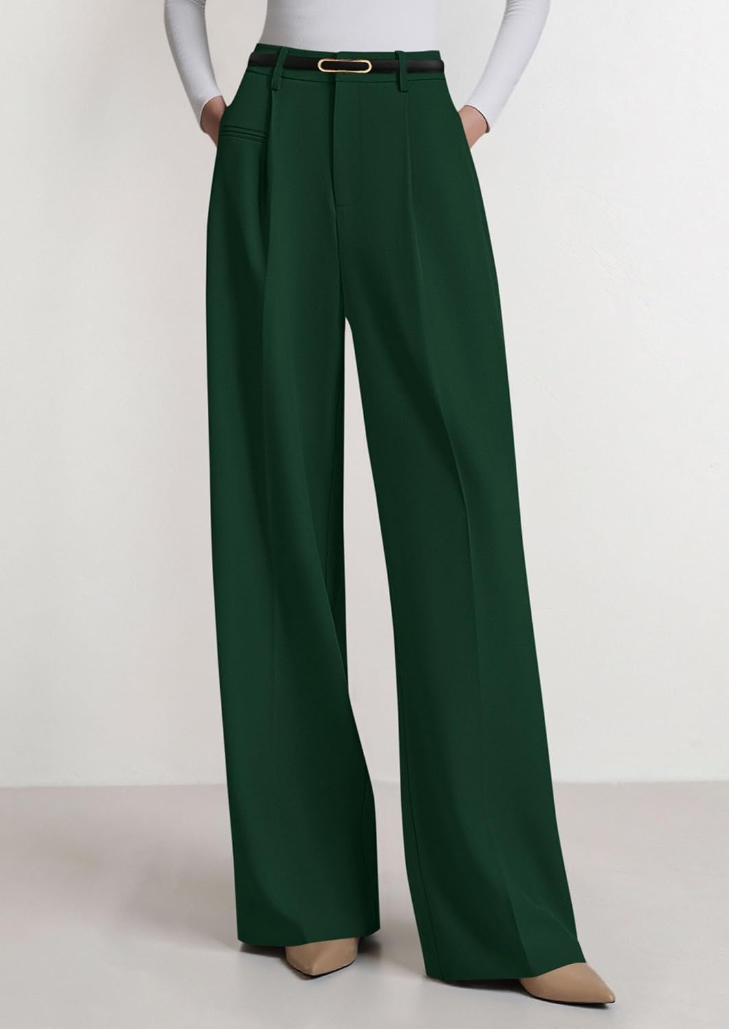 image:imagePRETTYGARDEN Womens Tailored Wide Leg Work Dress PantsDark Green