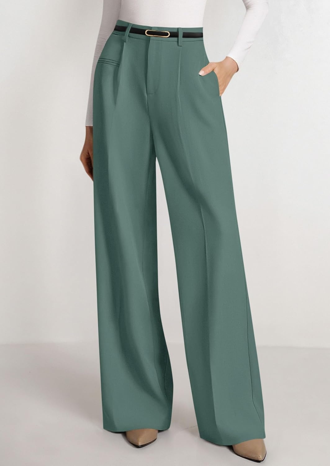 image:imagePRETTYGARDEN Womens Tailored Wide Leg Work Dress PantsGrey Green