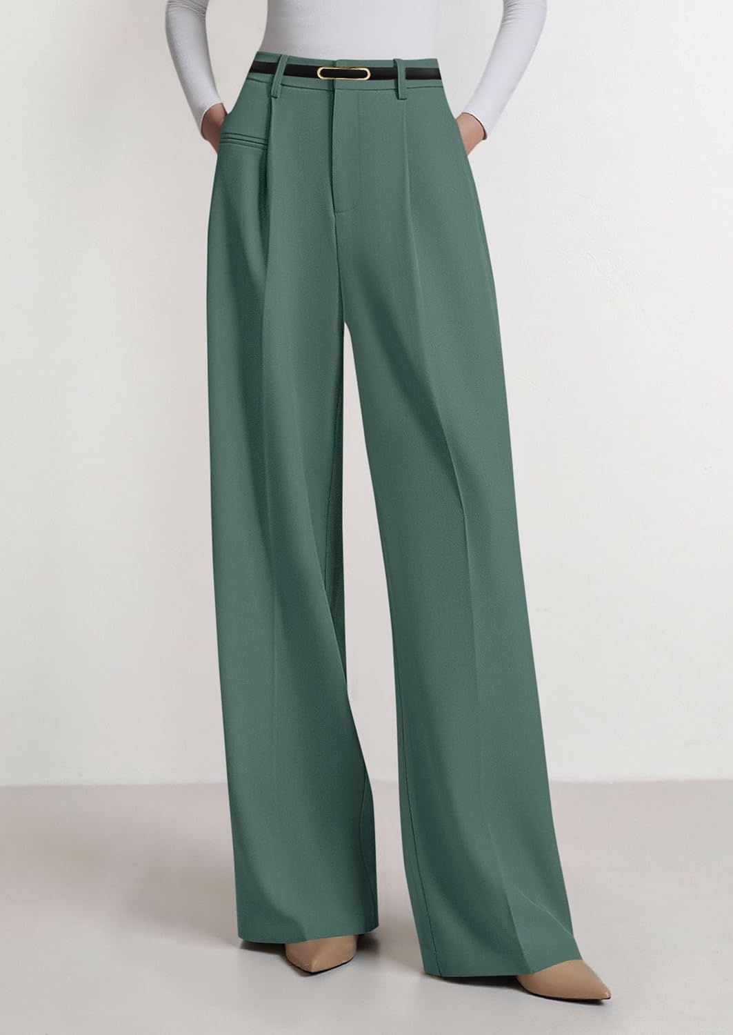 image:imagePRETTYGARDEN Womens Tailored Wide Leg Work Dress PantsGrey Green
