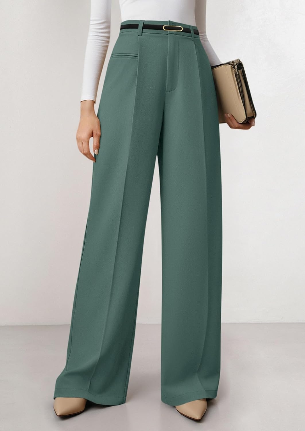 image:imagePRETTYGARDEN Womens Tailored Wide Leg Work Dress PantsGrey Green