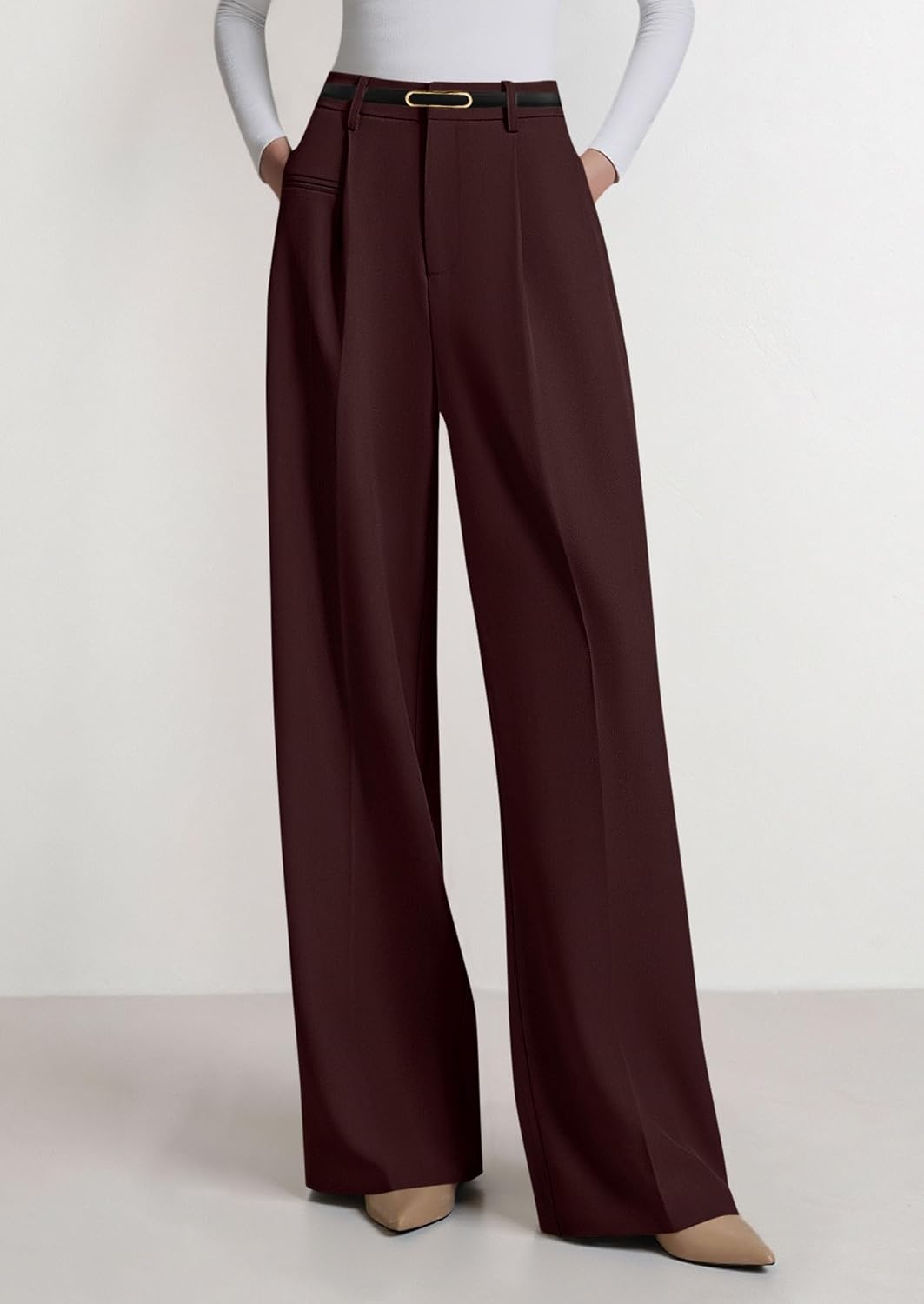 image:imagePRETTYGARDEN Womens Tailored Wide Leg Work Dress PantsRed Brown