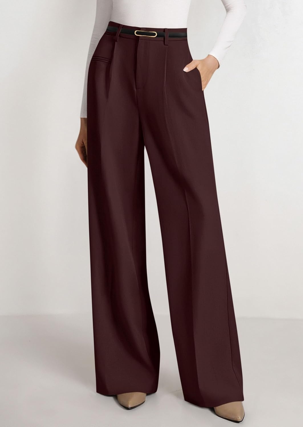image:imagePRETTYGARDEN Womens Tailored Wide Leg Work Dress PantsRed Brown