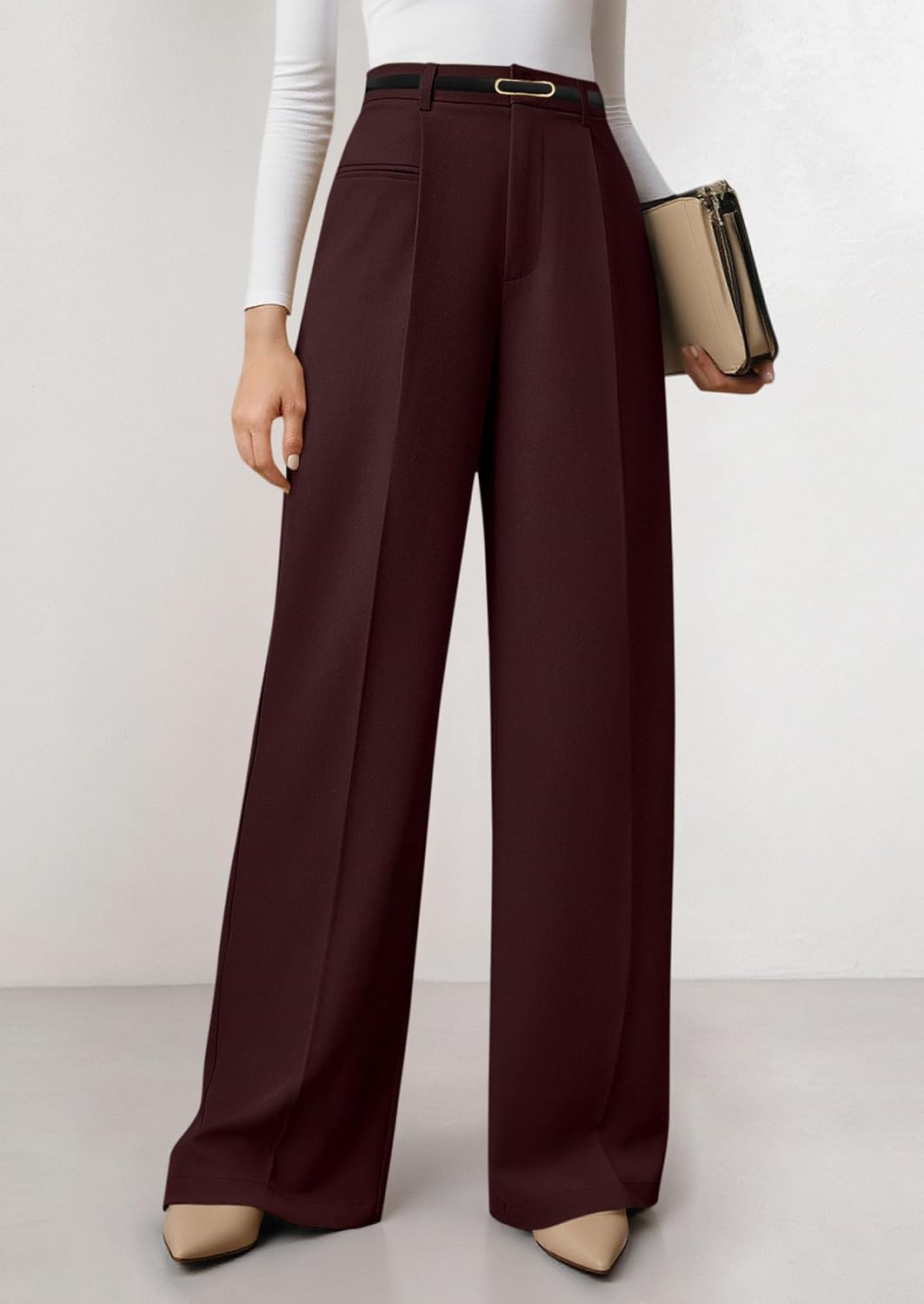 image:imagePRETTYGARDEN Womens Tailored Wide Leg Work Dress PantsRed Brown