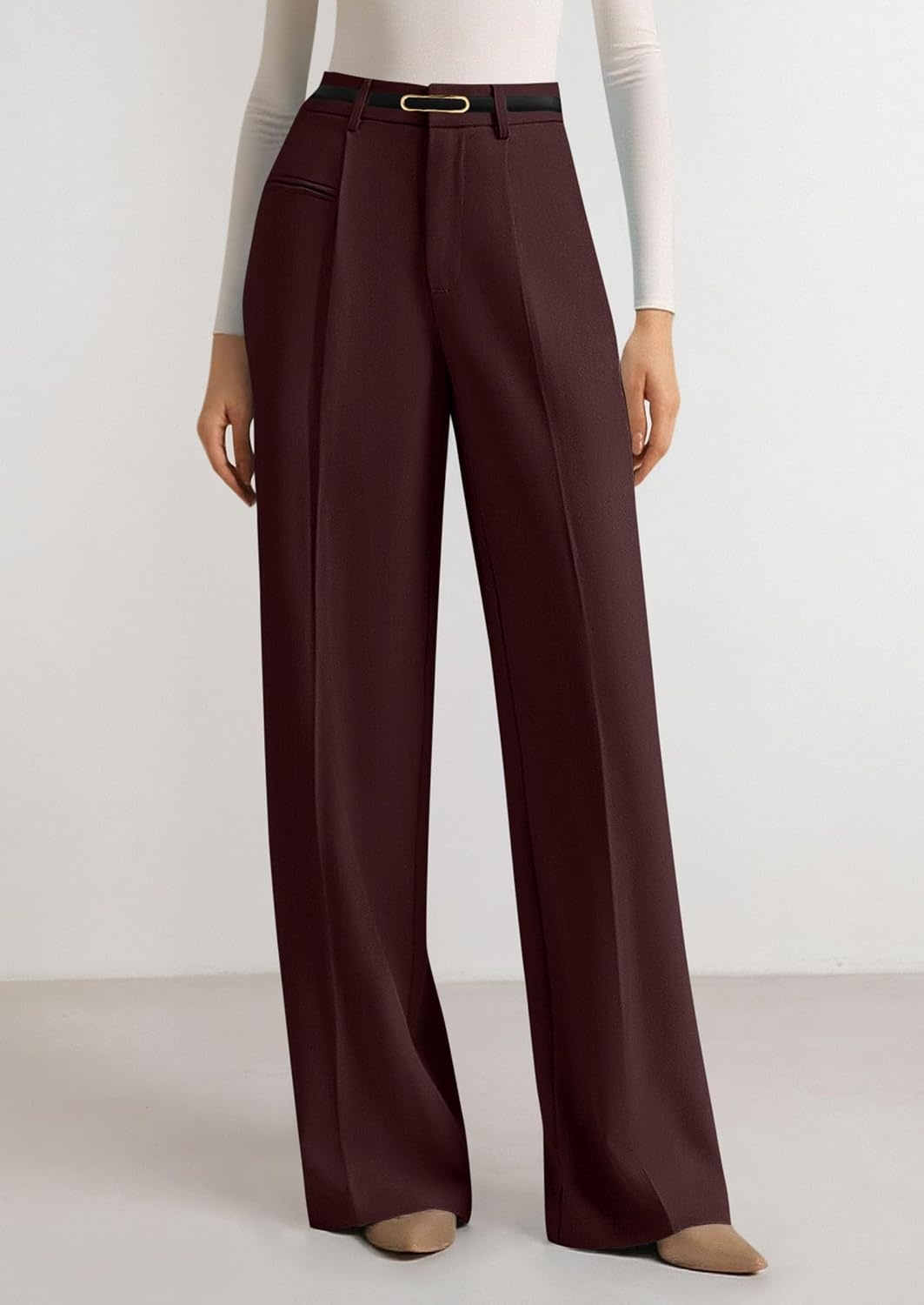 image:imagePRETTYGARDEN Womens Tailored Wide Leg Work Dress PantsRed Brown