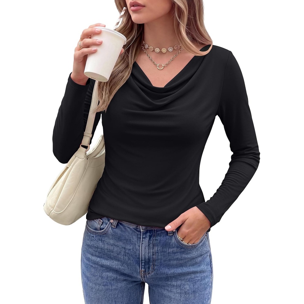 image:imagePRETTYGARDEN Cowl Neck Tops for Women Fashion Long Sleeve ShirtBlack