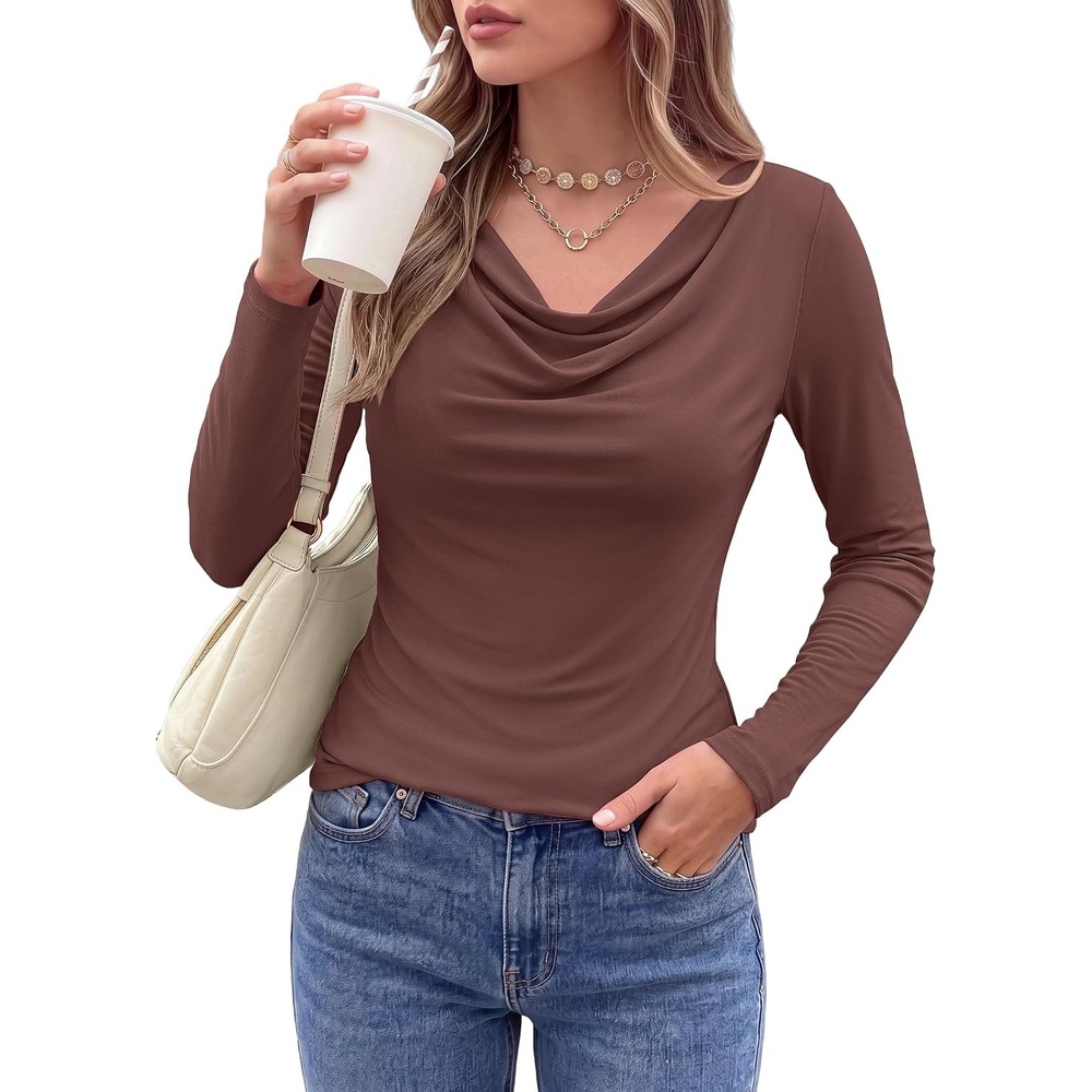 image:imagePRETTYGARDEN Cowl Neck Tops for Women Fashion Long Sleeve ShirtBrown