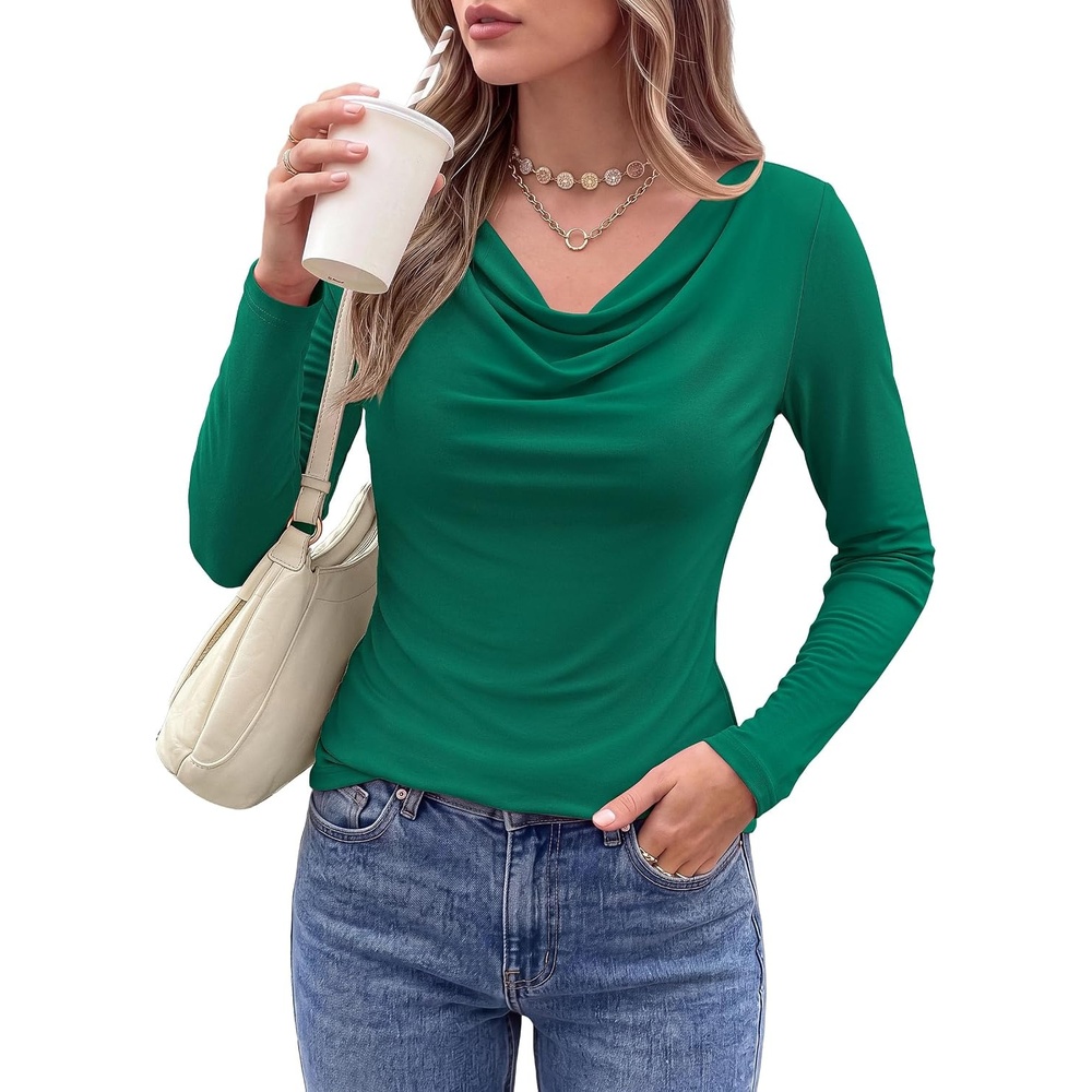 image:imagePRETTYGARDEN Cowl Neck Tops for Women Fashion Long Sleeve ShirtDark Green