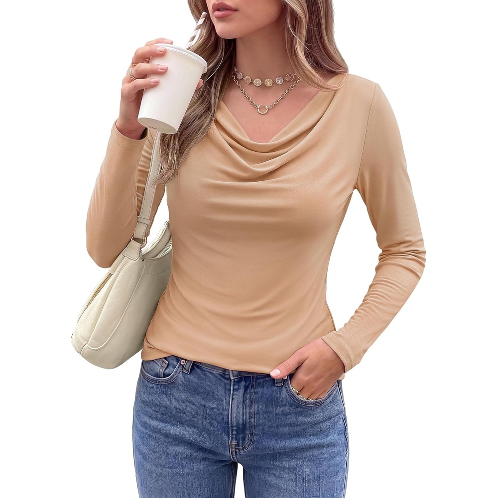 image:imagePRETTYGARDEN Cowl Neck Tops for Women Fashion Long Sleeve ShirtKhaki