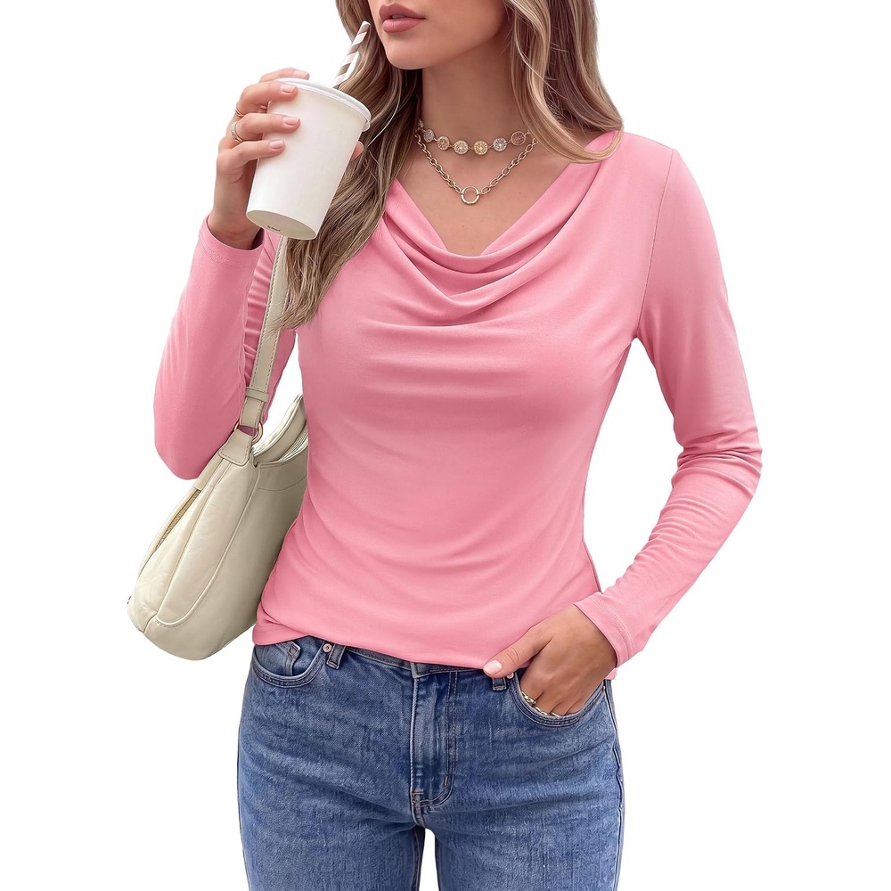 image:imagePRETTYGARDEN Cowl Neck Tops for Women Fashion Long Sleeve ShirtPink