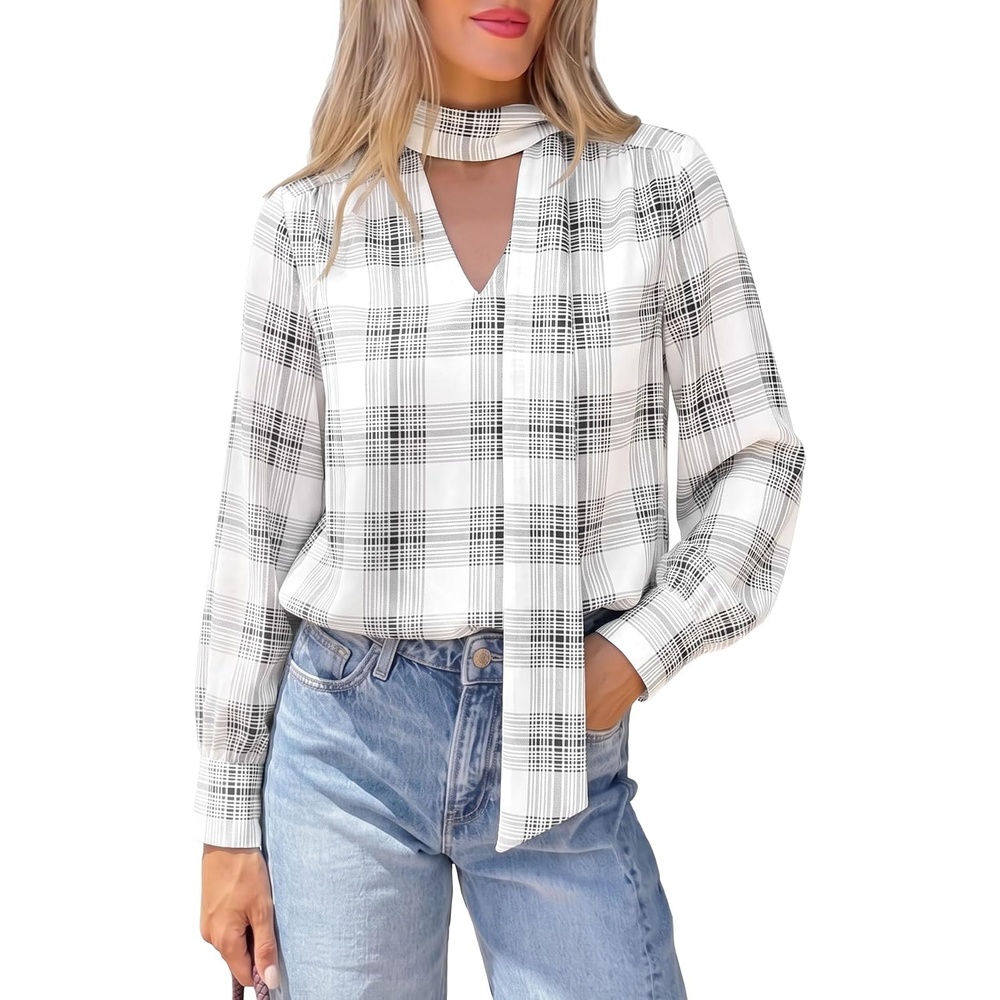 image:imagePRETTYGARDEN Womens Chiffon Boho Blouses Dressy Business Casual Work TopsPlaid Black White