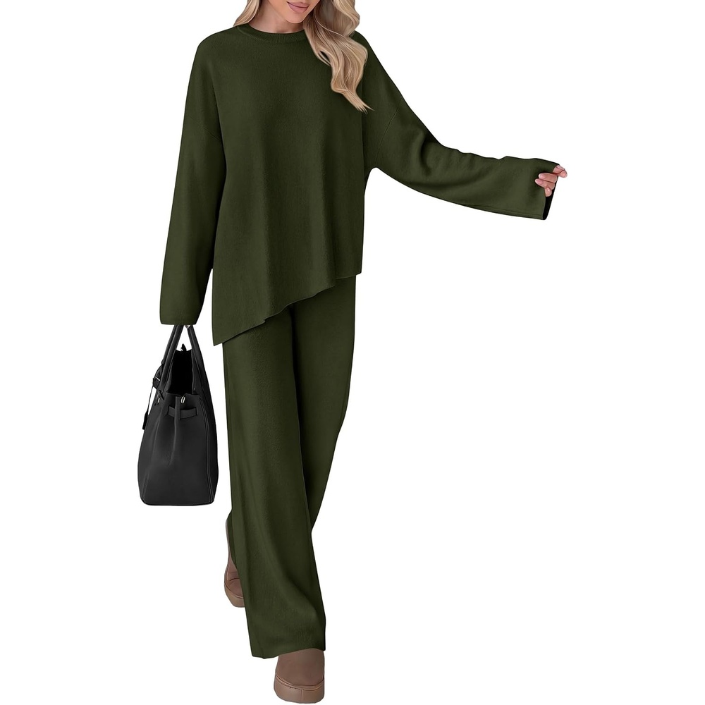 image:imagePRETTYGARDEN Womens Fall 2 Piece Asymmetric Cozy Sweater Travel Lounge SetsArmy Green