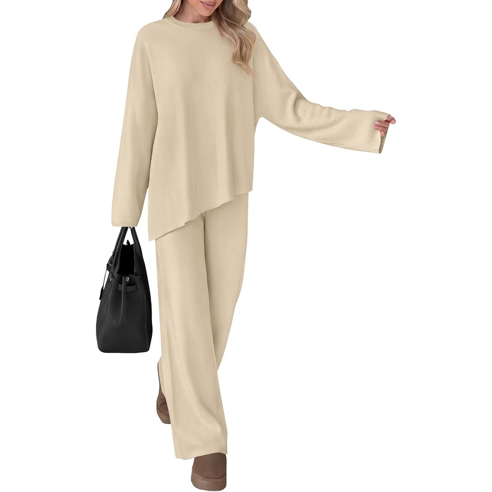 image:imagePRETTYGARDEN Womens Fall 2 Piece Asymmetric Cozy Sweater Travel Lounge SetsBeige