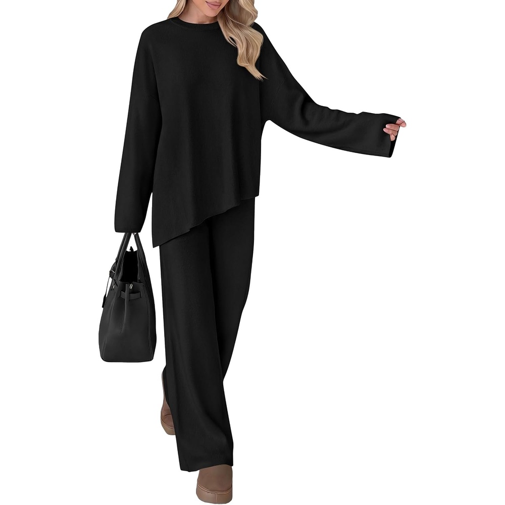 image:imagePRETTYGARDEN Womens Fall 2 Piece Asymmetric Cozy Sweater Travel Lounge SetsBlack