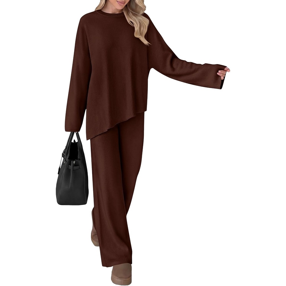 image:imagePRETTYGARDEN Womens Fall 2 Piece Asymmetric Cozy Sweater Travel Lounge SetsBrown