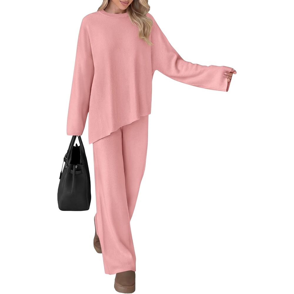 image:imagePRETTYGARDEN Womens Fall 2 Piece Asymmetric Cozy Sweater Travel Lounge SetsPink