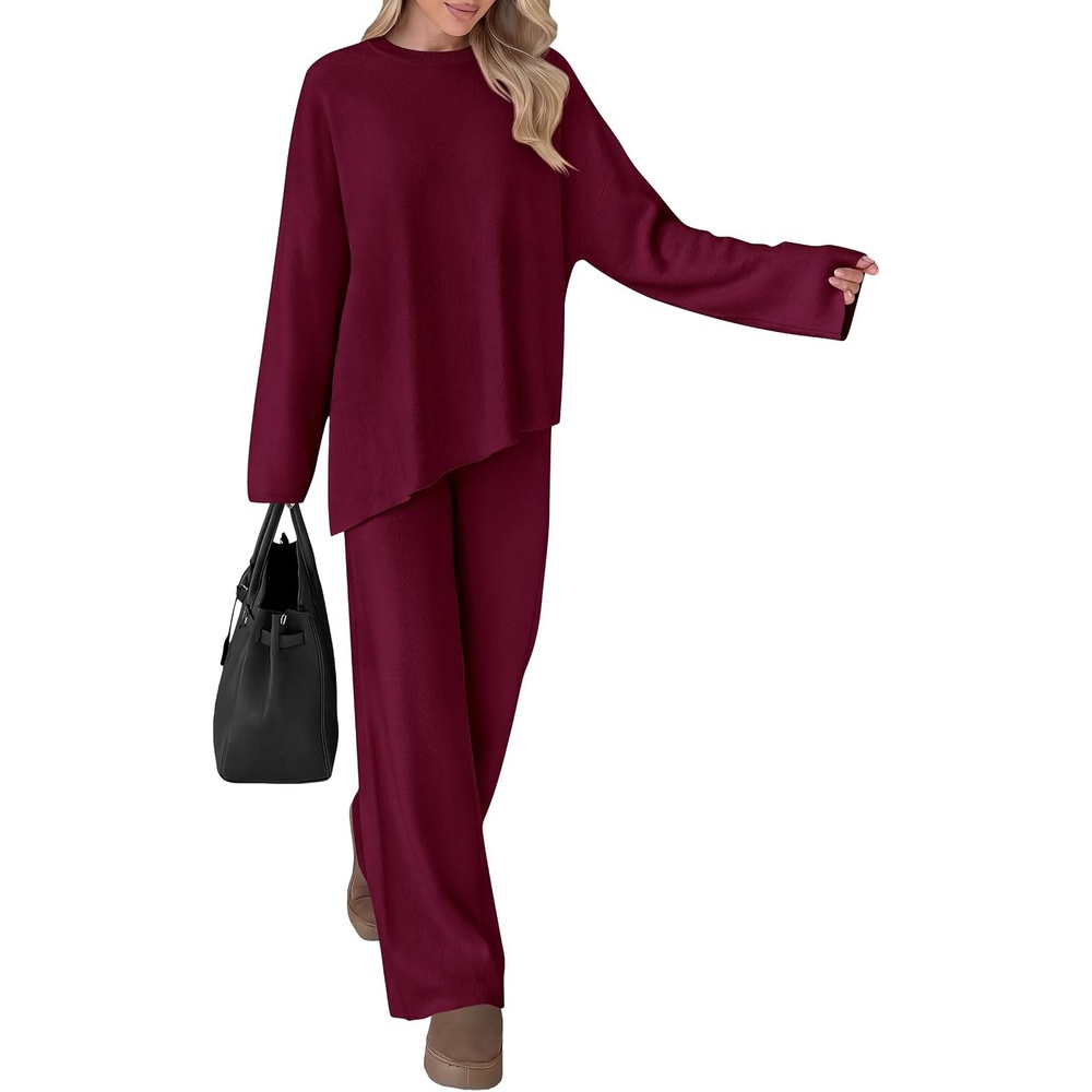 image:imagePRETTYGARDEN Womens Fall 2 Piece Asymmetric Cozy Sweater Travel Lounge SetsWine Red