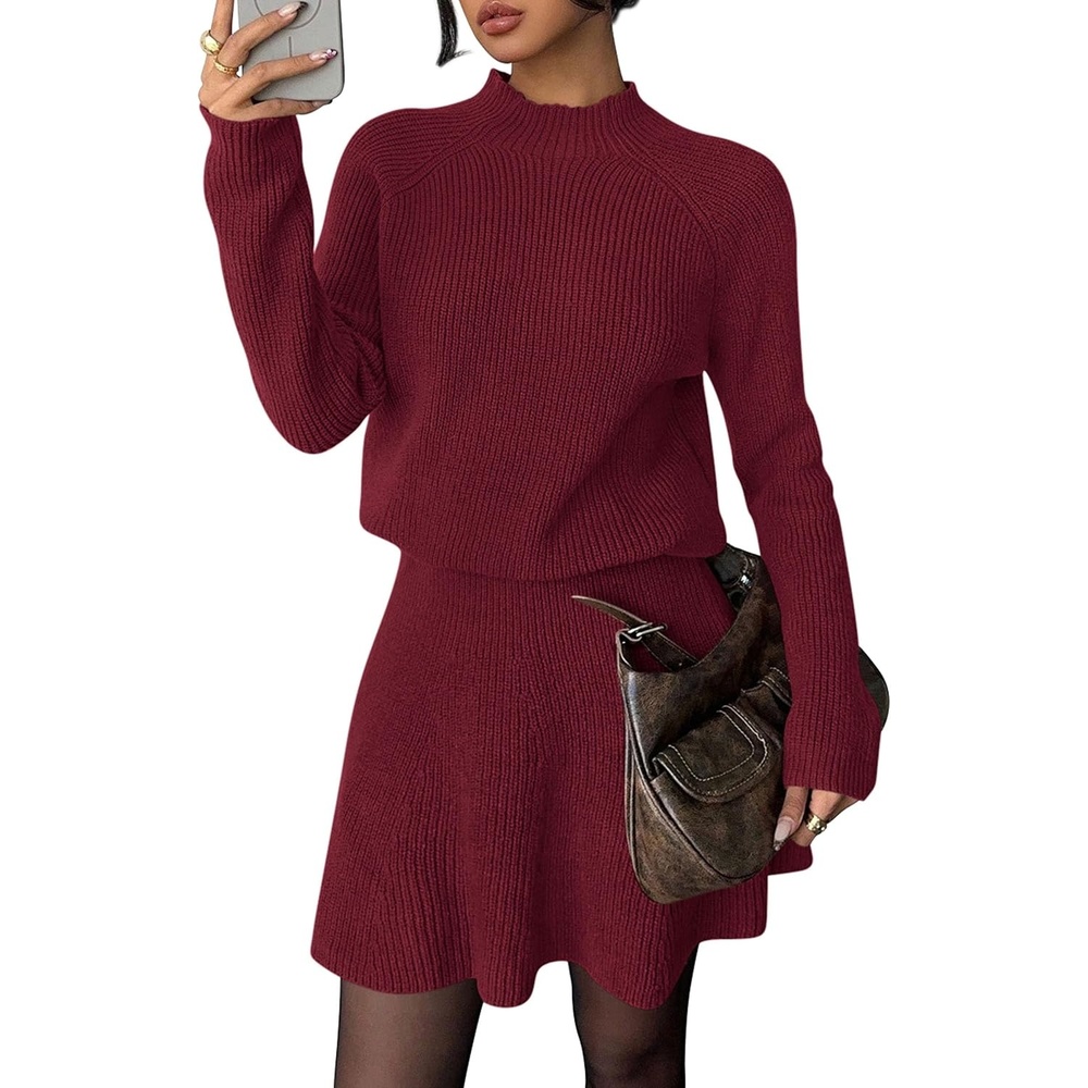 image:imagePRETTYGARDEN Womens Fall 2 Piece Outfits Matching Sweater Skirt SetsBurgundy