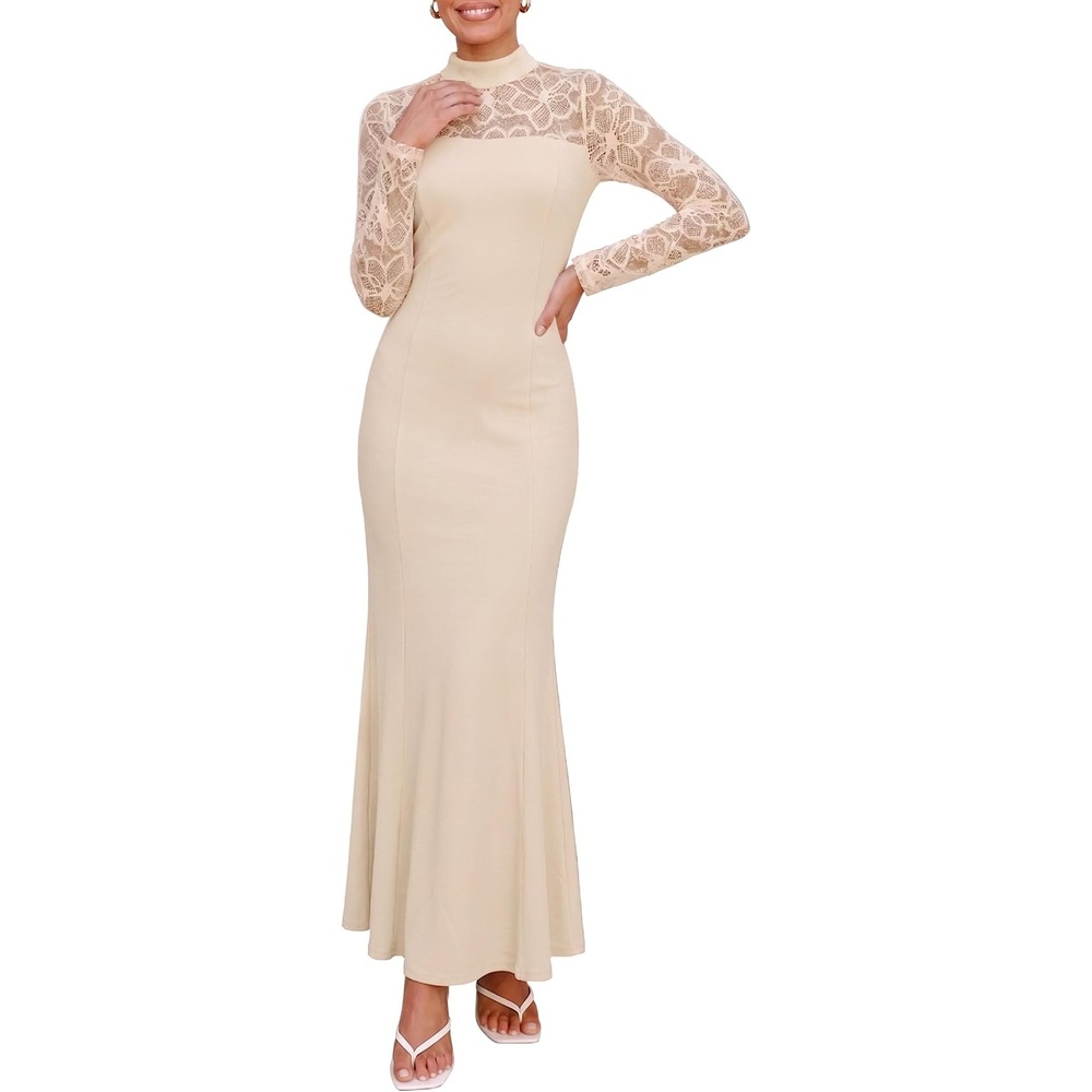 image:imagePRETTYGARDEN Womens Fall Lace Sheer Dress Bodycon Maxi Cocktail DressesBeige