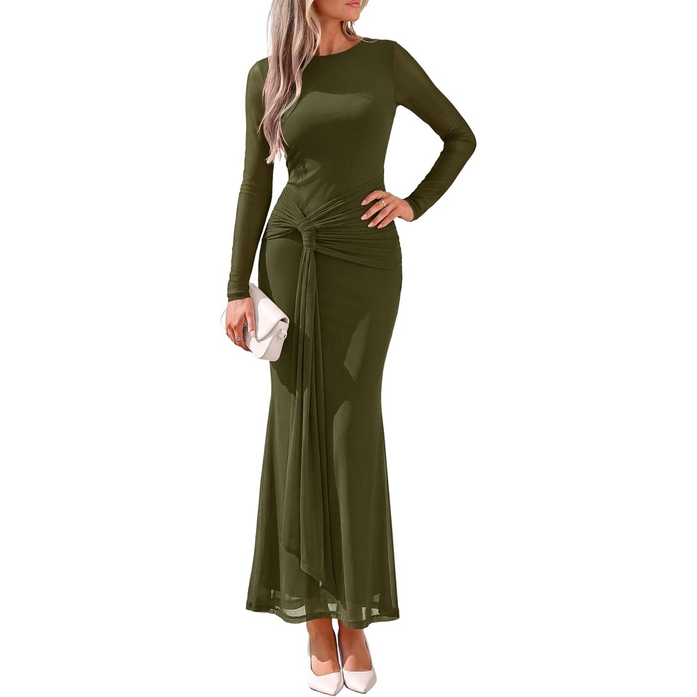 image:imagePRETTYGARDEN Womens Fall Long Sleeve Bodycon Tie Waist Mesh Maxi DressesArmy Green