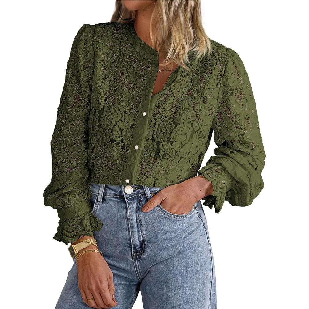 image:imagePRETTYGARDEN Womens Fall Trendy Long Sleeve Lace TopsArmy Green
