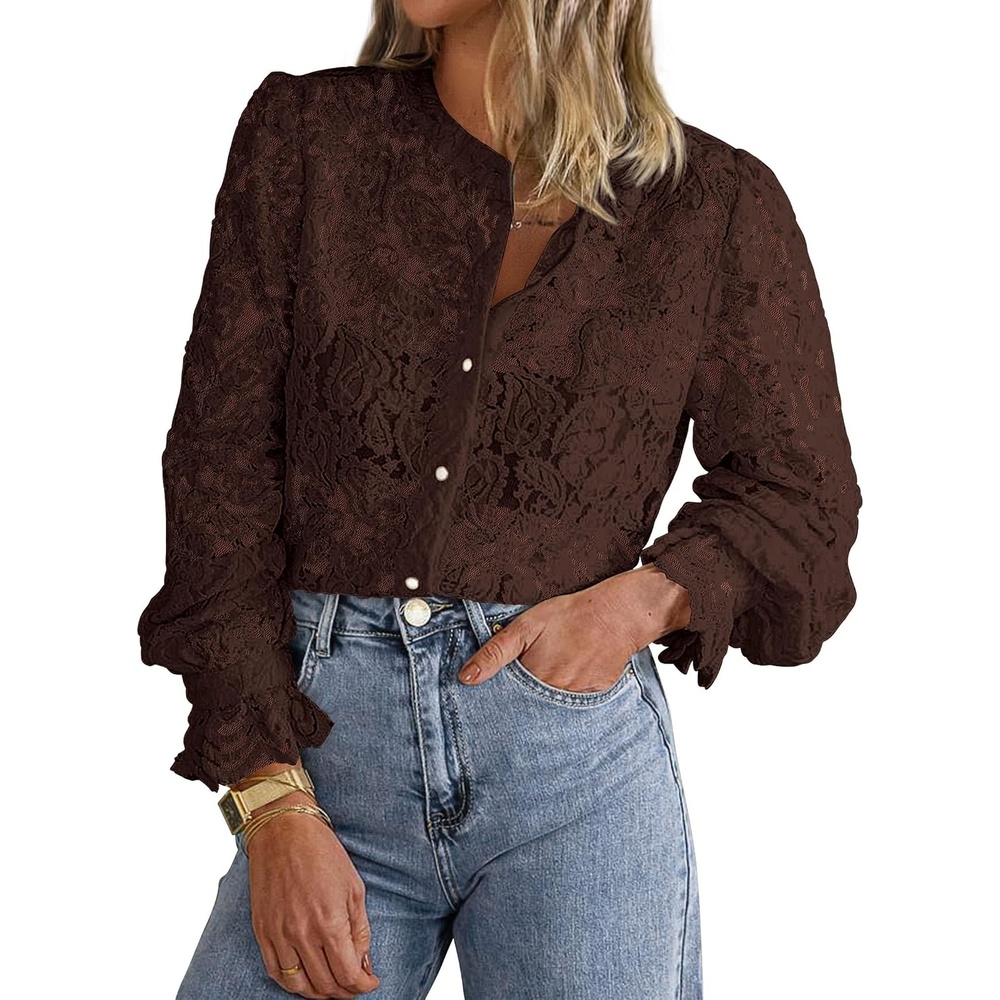 image:imagePRETTYGARDEN Womens Fall Trendy Long Sleeve Lace TopsCoffee