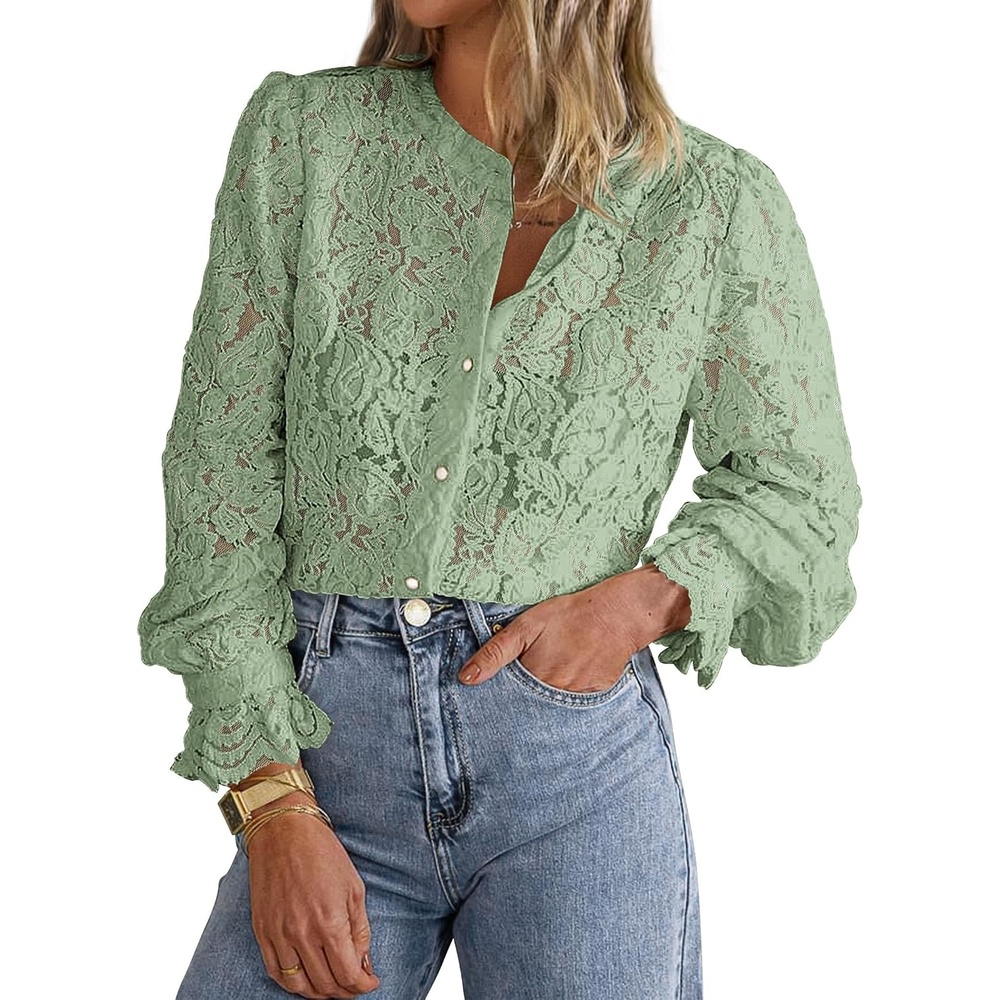 image:imagePRETTYGARDEN Womens Fall Trendy Long Sleeve Lace TopsDusty Green