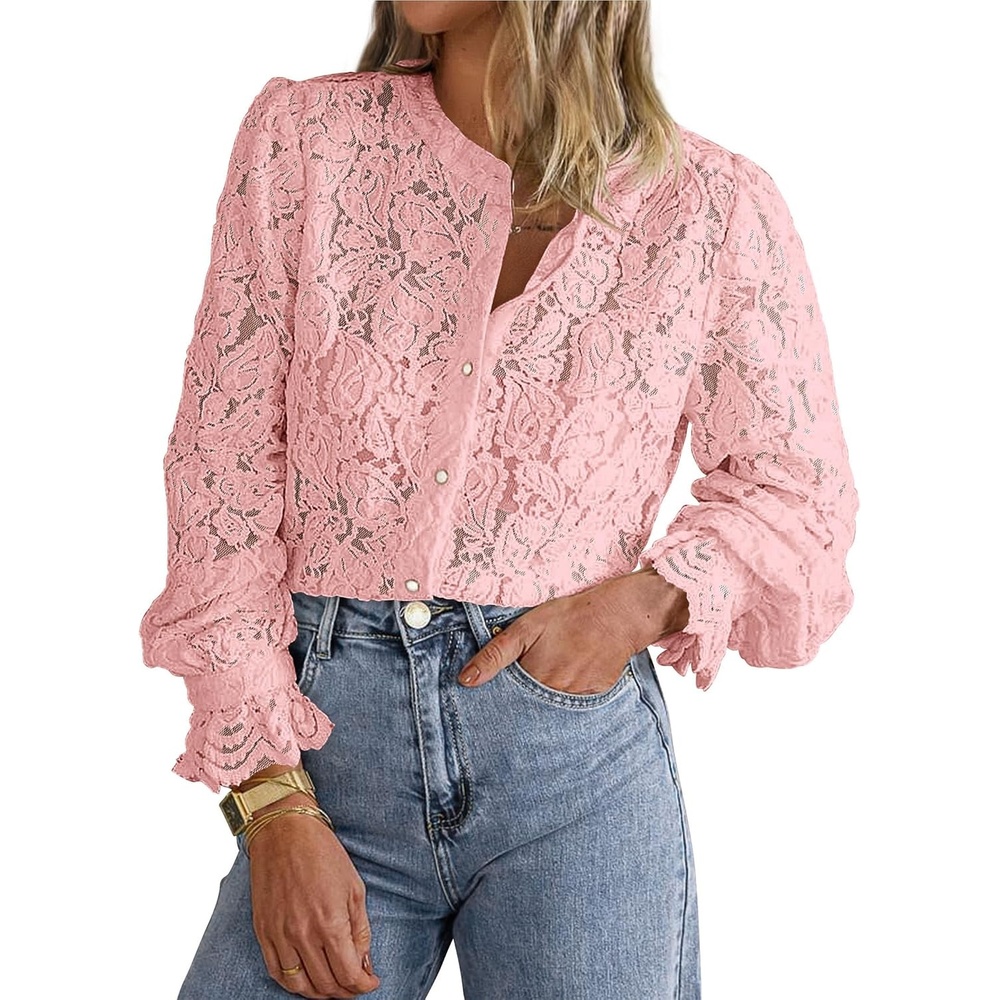 image:imagePRETTYGARDEN Womens Fall Trendy Long Sleeve Lace TopsPink