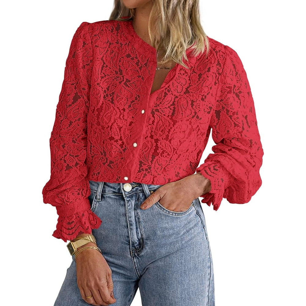 image:imagePRETTYGARDEN Womens Fall Trendy Long Sleeve Lace TopsRed