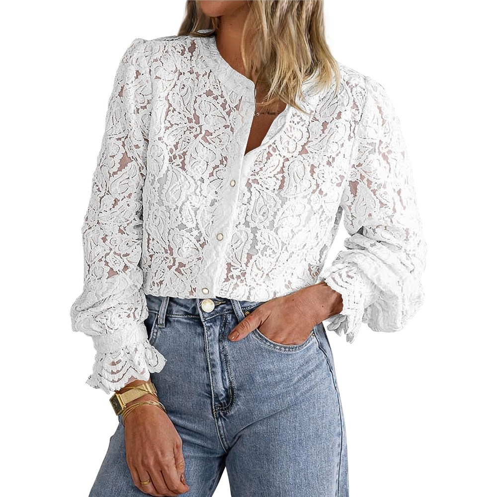 image:imagePRETTYGARDEN Womens Fall Trendy Long Sleeve Lace TopsWhite