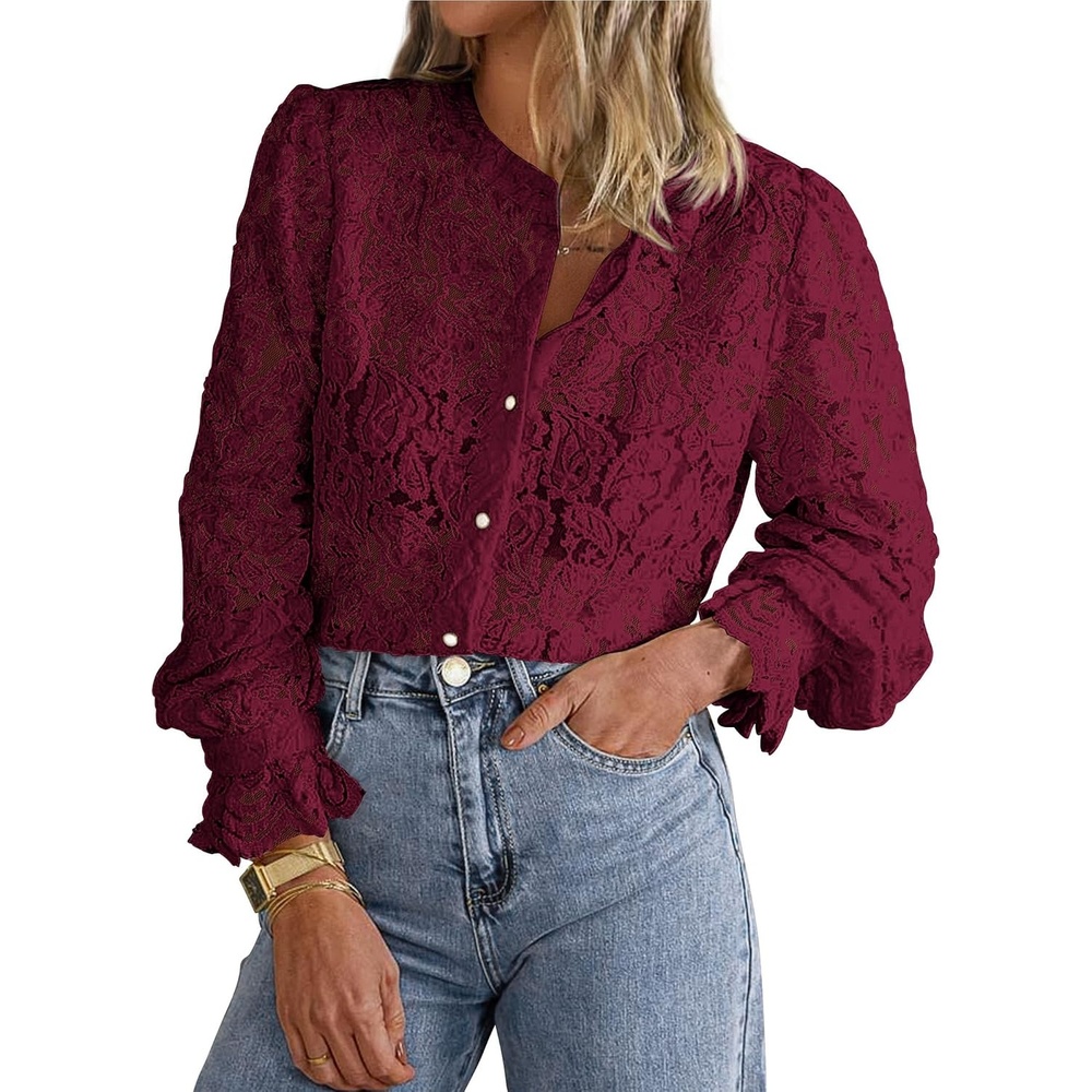 image:imagePRETTYGARDEN Womens Fall Trendy Long Sleeve Lace TopsWine Red