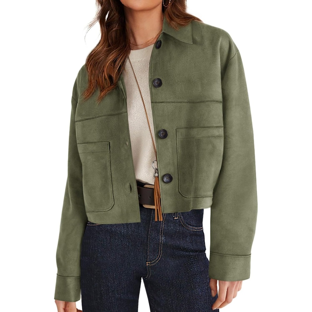 image:imagePRETTYGARDEN Womens Faux Suede Shacket Jackets Lightweight Cropped CoatsArmy Green