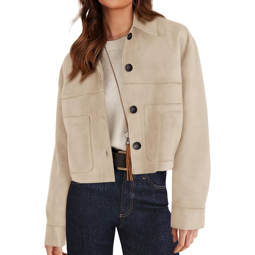 image:imagePRETTYGARDEN Womens Faux Suede Shacket Jackets Lightweight Cropped CoatsBeige
