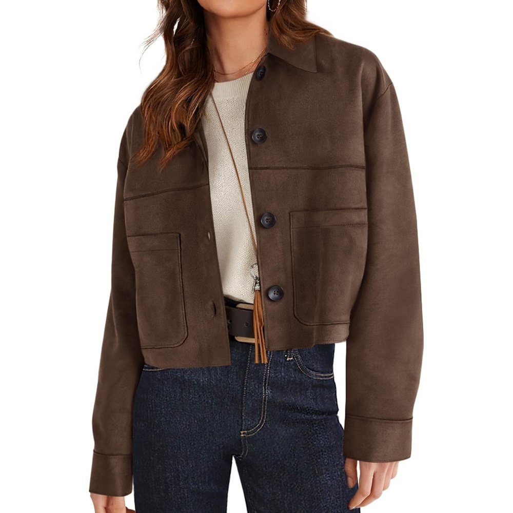 image:imagePRETTYGARDEN Womens Faux Suede Shacket Jackets Lightweight Cropped CoatsDark Brown