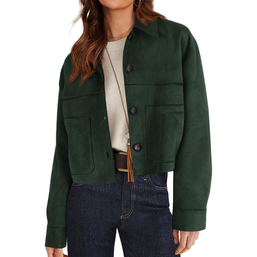 image:imagePRETTYGARDEN Womens Faux Suede Shacket Jackets Lightweight Cropped CoatsDark Green