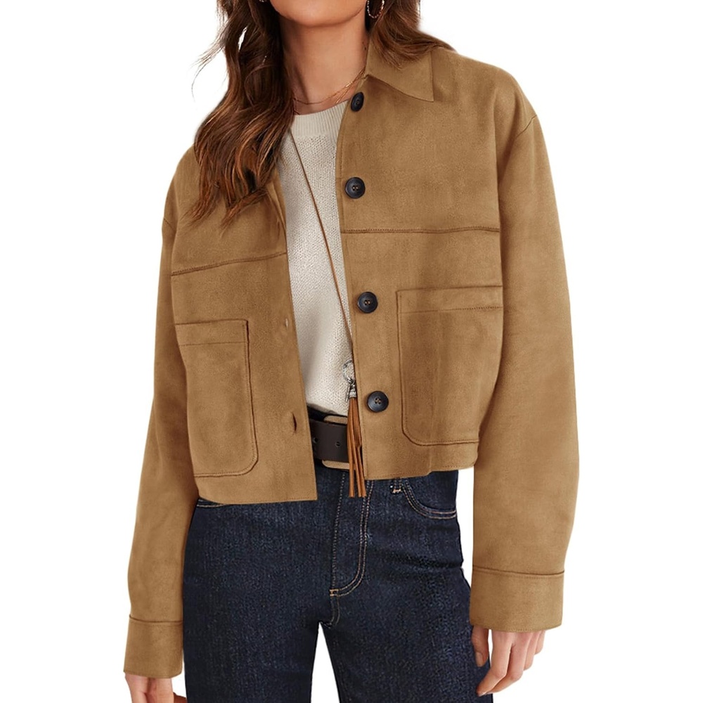 image:imagePRETTYGARDEN Womens Faux Suede Shacket Jackets Lightweight Cropped CoatsKhaki