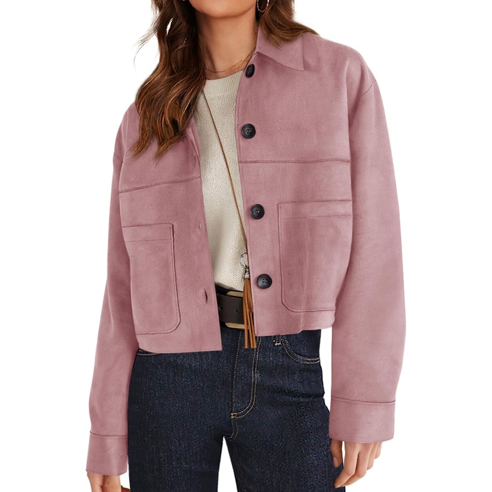 image:imagePRETTYGARDEN Womens Faux Suede Shacket Jackets Lightweight Cropped CoatsPink
