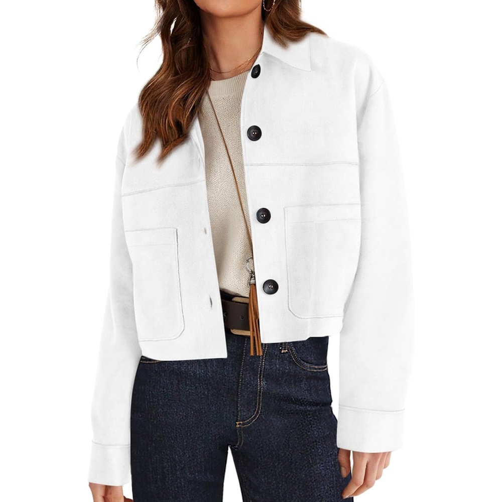 image:imagePRETTYGARDEN Womens Faux Suede Shacket Jackets Lightweight Cropped CoatsWhite
