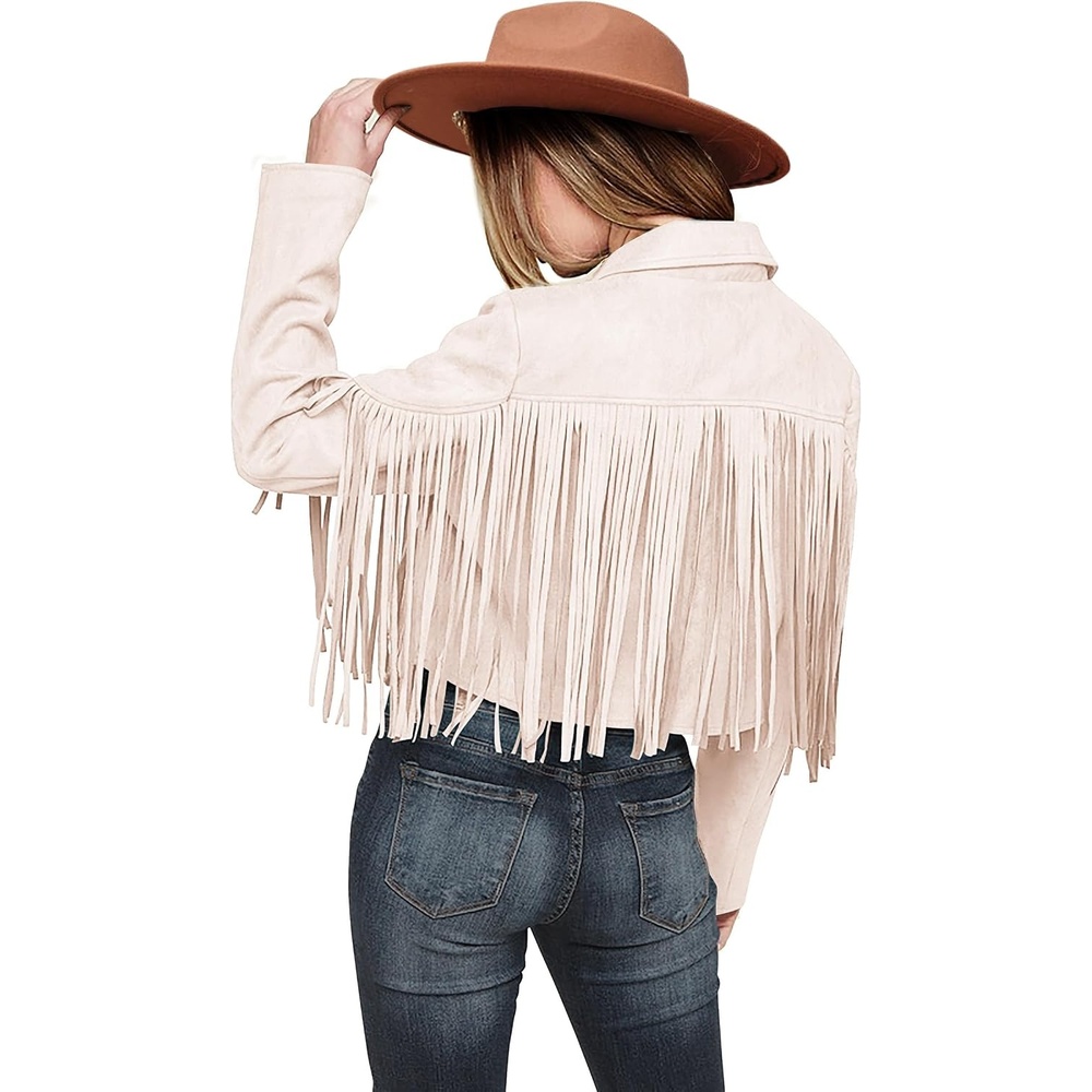 image:imagePRETTYGARDEN Womens Fringe Faux Suede Leather JacketsBeige White
